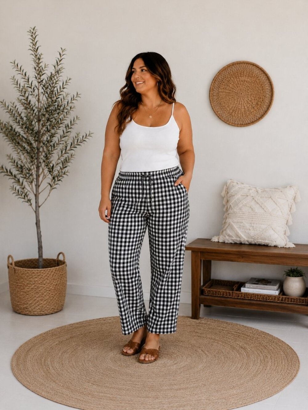 Black & White Gingham Seersucker Cotton Pants